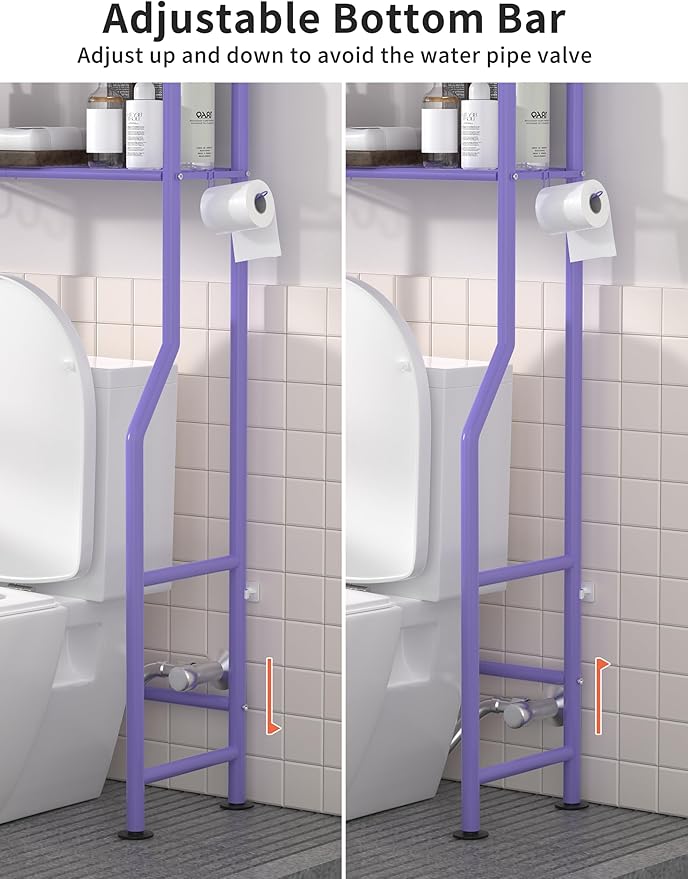 3-Tier Over The Toilet Storage, Freestanding Metal Bathroom Shelves with 4 Hooks, Over Toilet Storage Shelf with Paper Holder, Above The Toilet Shelf for Bathroom Storage, Purple
