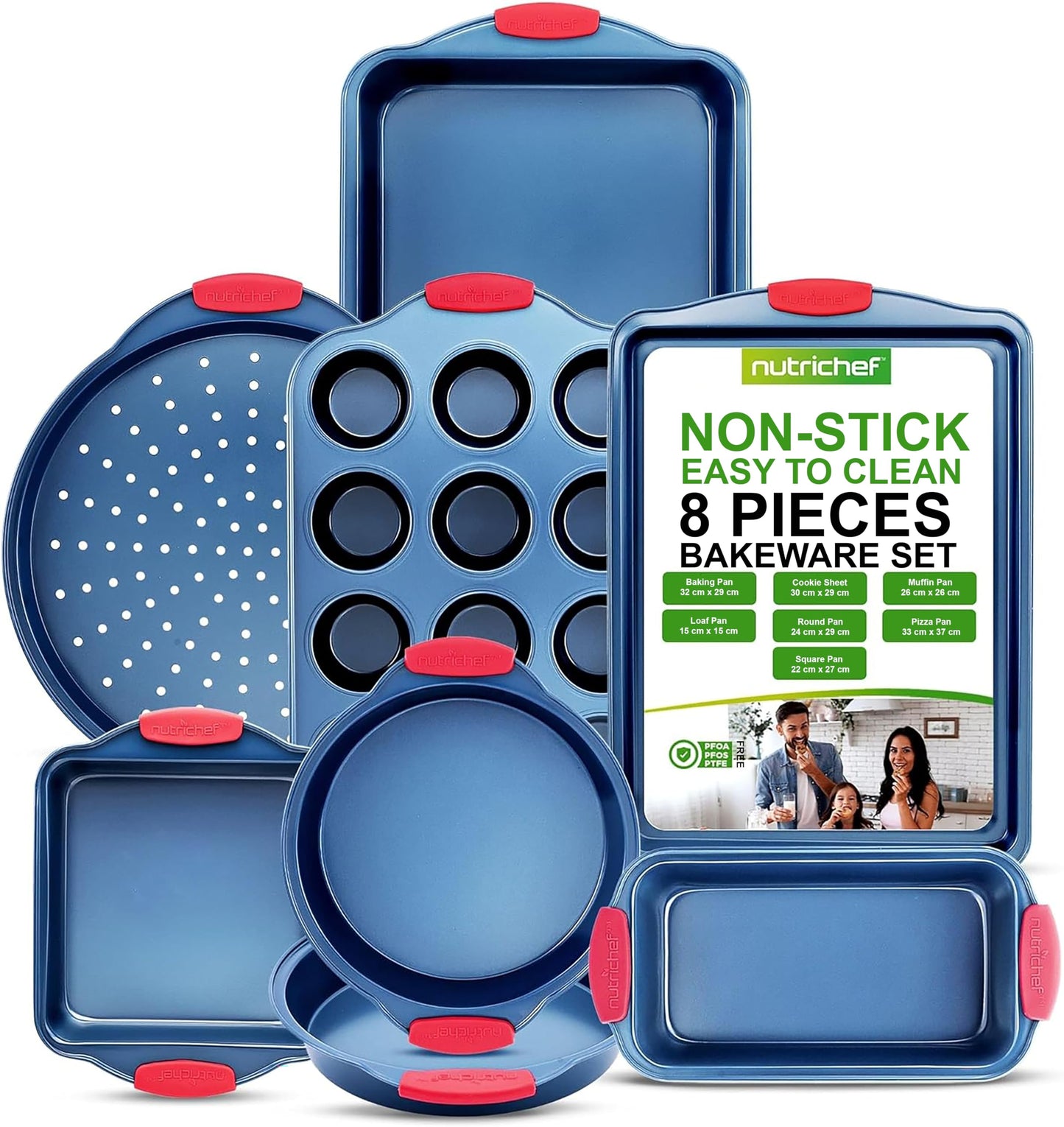 NutriChef 3-Piece Nonstick Cookie Sheets for Baking - Premium Carbon Steel Baking Trays w/ Non-Stick Smooth Coating & Silicone Handles - Large, Medium, & Small Bakeware - Blue