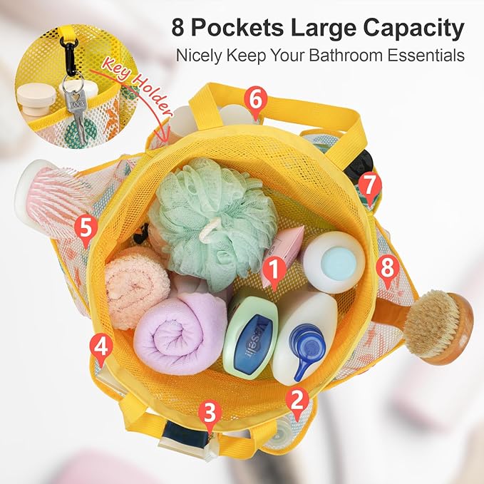 F-color Mesh Shower Caddy Portable with Drawstring - Large 8 Pockets Dorm Room Essentials for Guys Girls with S Hook, Shower Bag Basket Tote for College Camping Gym Travel Bathroom, Yellow Beach