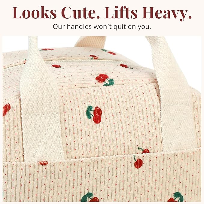 Insulated Cherry Lunch Bag for Women, Stylish Corduroy Tote with Aluminum Lining, Large Capacity Reusable Cooler for Work, Travel, Beach or Picnic, Beige Cream Water-Resistant Lunch Box