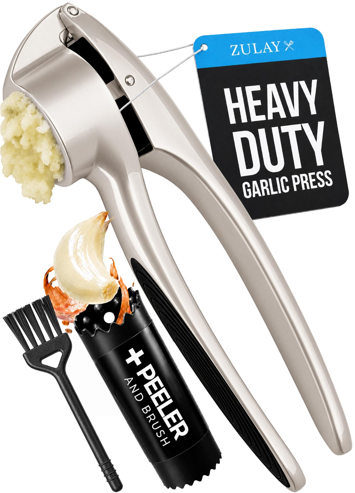 Zulay Kitchen Premium Garlic Press Set – Rust Proof & Dishwasher Safe Garlic Mincer Tool with Silicone Garlic Peeler & Brush, Easy Squeeze & Clean, Ergonomic Soft Grip Handle - Medium – Chrome