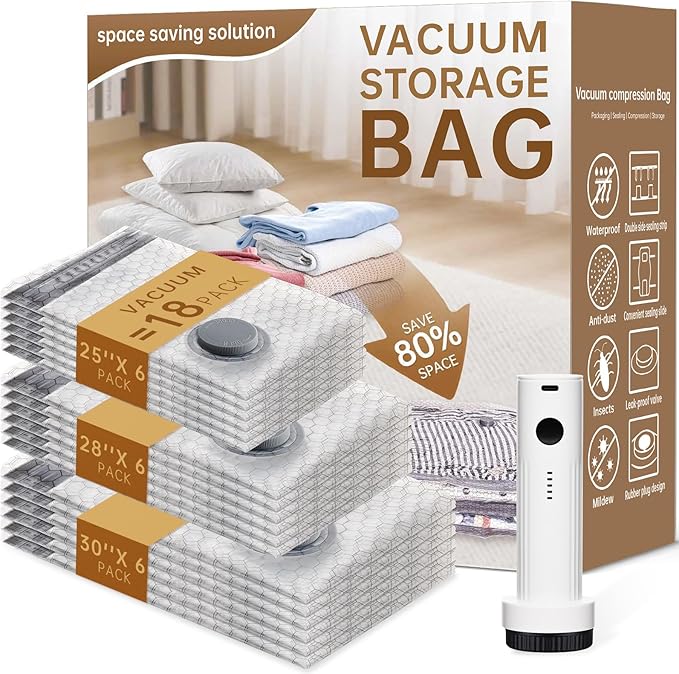 Vacuum Bags for Travel with Wireless Rechargeable Pump, 15 Pack Carry-on Size Compression Packing Seal Bags for Luggage and Suitcase, Space Saver Vacuum Storage Bags for Clothes and Clothing Travel