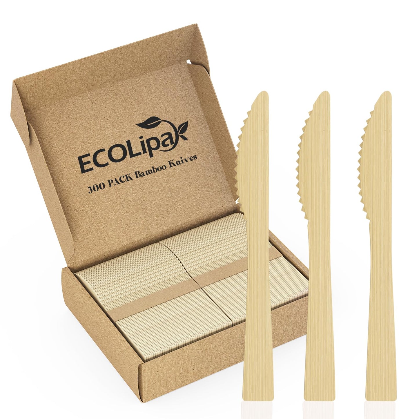 ECOLipak 300 Count Bamboo Cutlery Set, 100 Knives, Forks and Spoons each