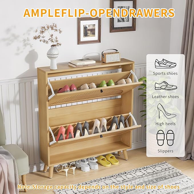 Shoe Storage Cabinet for Entryway with 2 Flip Drawers, Narrow Wood Shoe Cabinet with Fluted Panel, Freestanding Hidden Shoe Organizer for Foyer, Hallway (Wood Color - No Shelf)