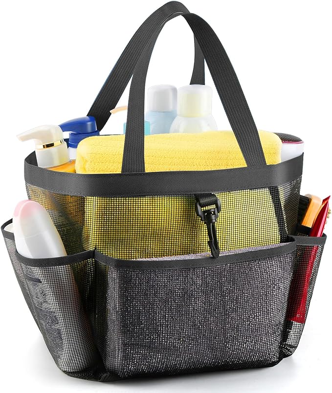 Mesh Shower Caddy Portable for College Dorm Room Essentials with 8 Pockets, Shower Bag for Beach, Swimming, Gym, Travel, Bathroom(Black)