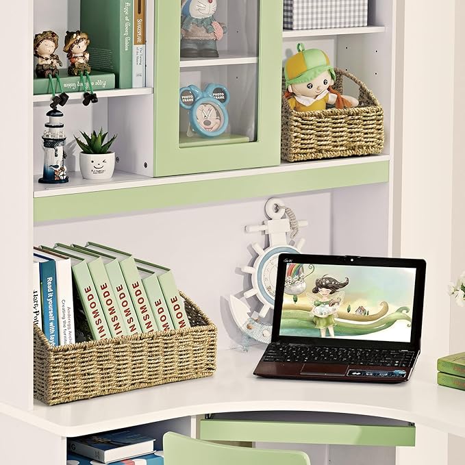 Ollieroo Rattan Storage Baskets, Handwoven Wicker Storage Bins with Built-in Handles, Storage Container Baskets for Shelves, Bedroom, Bathroom, Laundry Room or Kitchen(Green)