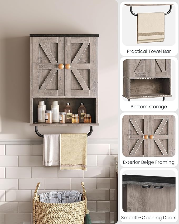 Bathroom Wall Cabinet, Medicine Cabinet with Open Partition and Towel Bar, Rustic Storage Cabinet with Open and Hidden Storage Space, for Bathroom, Living Room, Greige and Charcoal Black