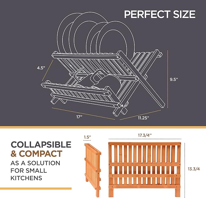 Dish Drying Rack - Bamboo Dish Rack for Kitchen Counter, Collapsible 2-Tier Wooden Drying Rack for Dishes, Plates, Cups, Utensils - Foldable Dish Drainer, Space-Saving Kitchen Drying Rack Organizer