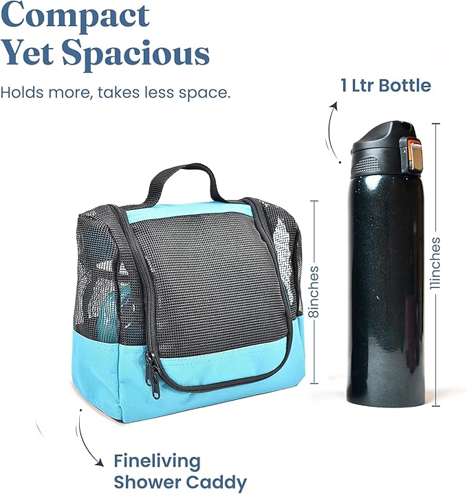 The Fine Living Co. Portable Hanging Shower Caddy Organizer Bag (Free Toiletries Case+Metal Hook) Quick Dry Mesh Shower Caddy Tote Bag Pouch For Bathroom College Dorm Camp Gym Camping 10”x4”x8”(Aqua)