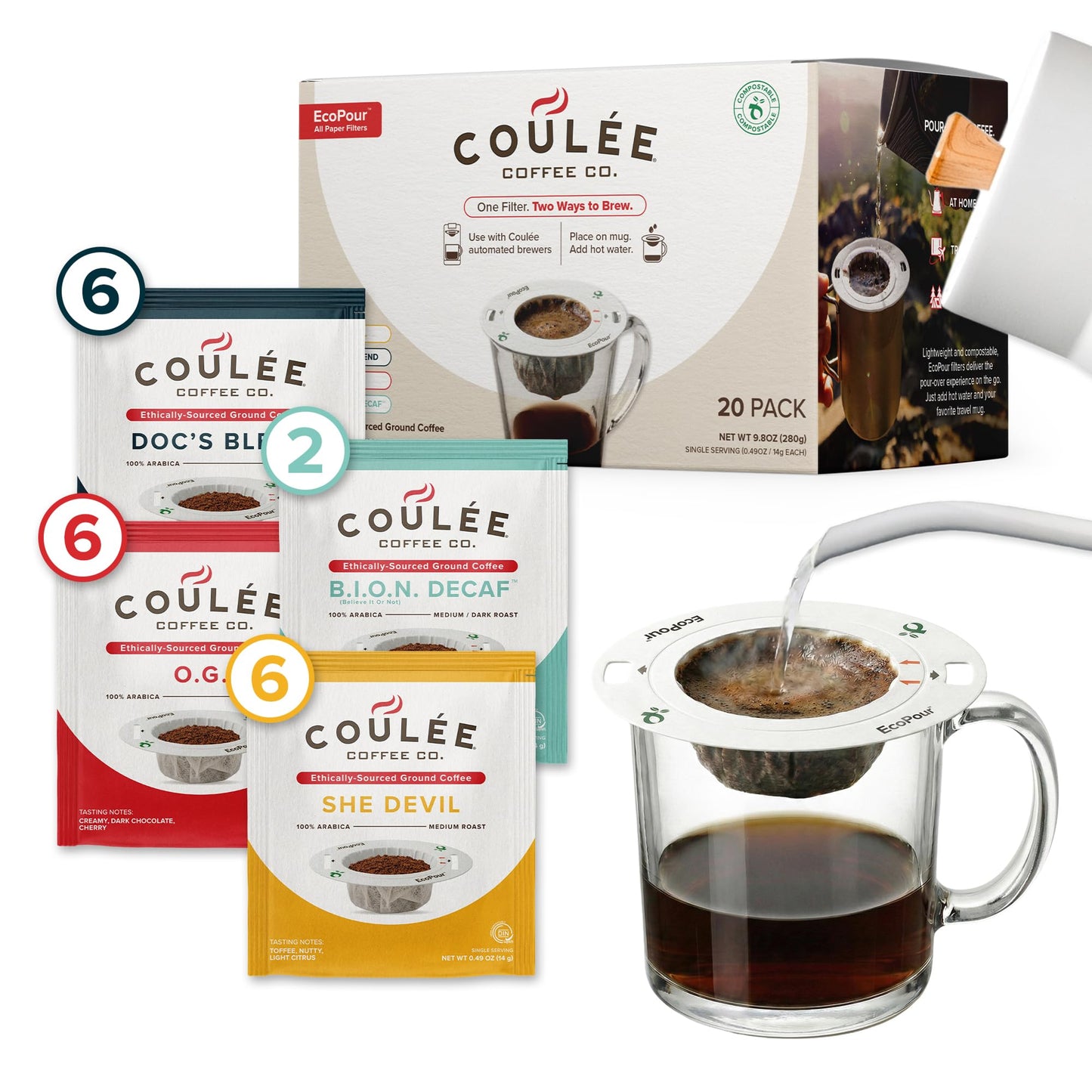 Coulée EcoPour Coffee Variety Pack, Single Serve, 4 Flavors, 20 Pack