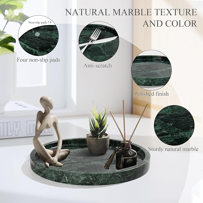 Real Natural Round Marble Tray for Bathroom, Genuine Marble Stone Vanity Tray, Luxury Storage Trays for Kitchen, Vanity, Home Decor, Dresser, Non-Resin/Non-Ceramic, 10"x 1", Green