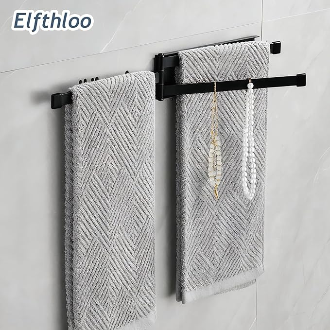 Small Swivel Foldable Towel Rack, Elfthloo 24cm(9.45 in) Rotating 3-Arm Towel Bar Rod, Space Saving Wall Mounted Holder, Stainless Steel Swing Out Hanger for Bathroom, Kitchen (1 Pack, Matte Black)