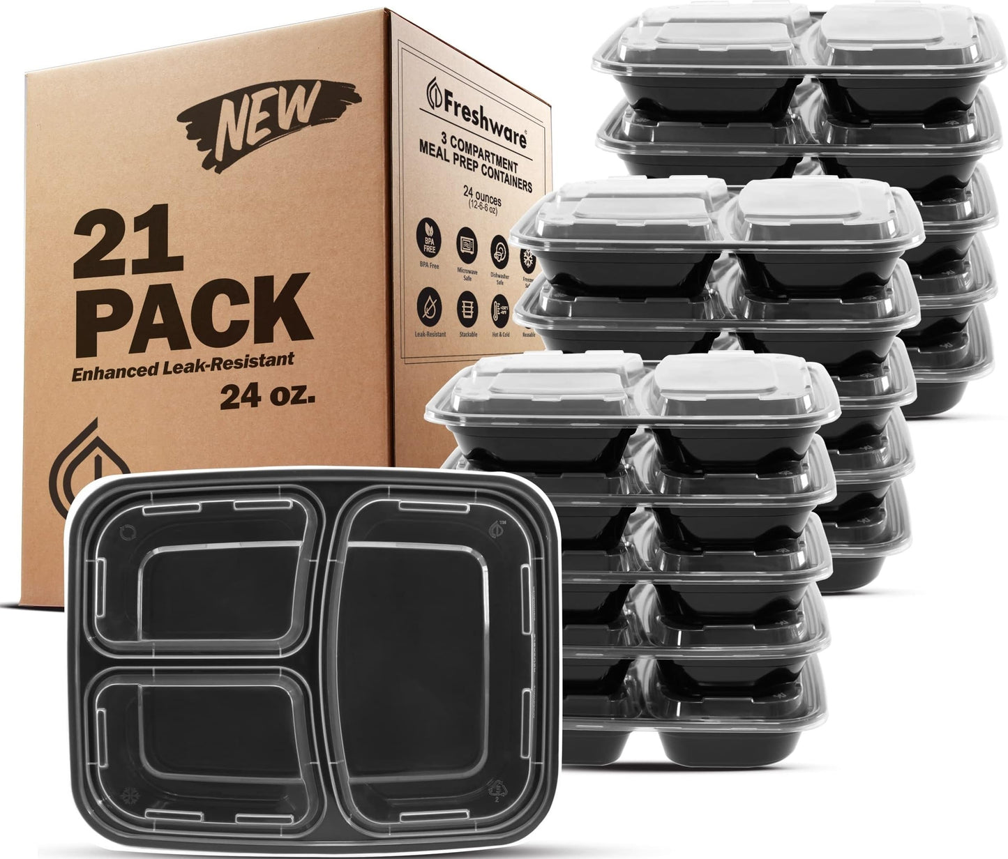 Freshware Meal Prep Containers [150 Pack] 3 Compartment Food Containers with Lids, Bento Box, Stackable, Microwave/Dishwasher Safe (32 oz)