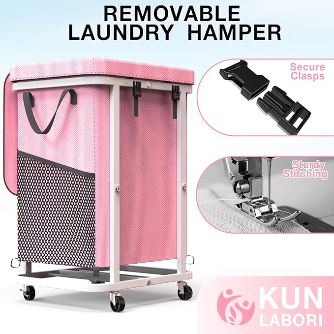 40 Gal(150L) High Grade Large Laundry Basket with Wheels, Rolling Laundry Hamper, Laundry Cart with Metal Frame and Removable Bag Design, Suitable for Laundry Room, Bedroom (Pink, 150L)