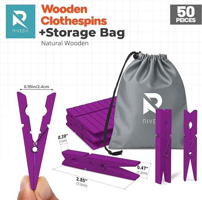 RIVEDA 50pcs Colored Wooden Clothes Pins, 2.9inch, Clothespins for Classroom, Clip Hanging Photos, DIY Clips for Crafts, Decorations (Purple)