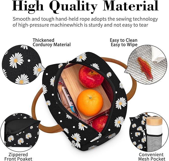 Coobiiya Lunch Bag Lunch Box for Women Men, Reusable Cute Lunchbag - Leakproof, Adult Insulated Lunch Box Tote with Large Capacity, Cooler Container for Work, Travel, Office (Black Daisy)