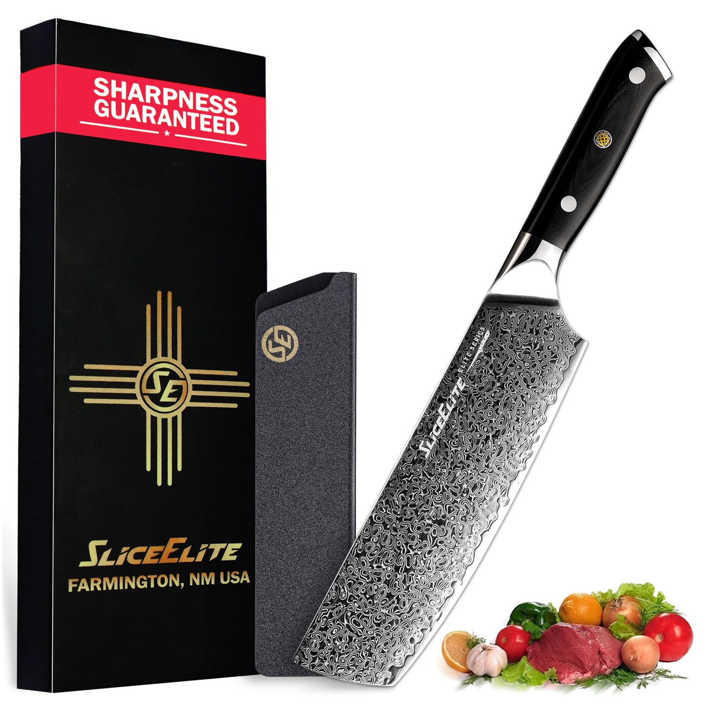Damascus Meat Cleaver VG10 Steel 7 Inch Blade Leather Sheath & Blade Guard