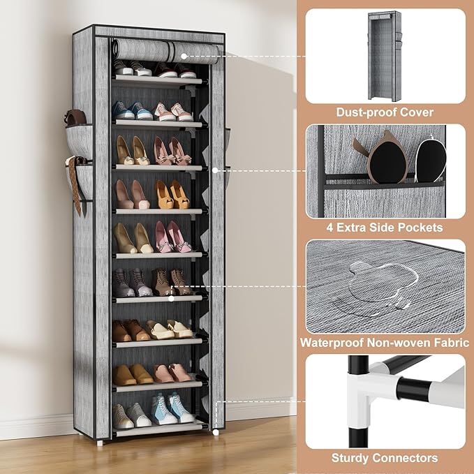 Shoe Rack with Cover Narrow Shoe Rack Organizer with 4 Side Pockets 10 Tier Tall Shoe Storage Shoe Shelf Holds 18-22 Pairs Shoes and Boots Shoe Rack for Closet, Printing