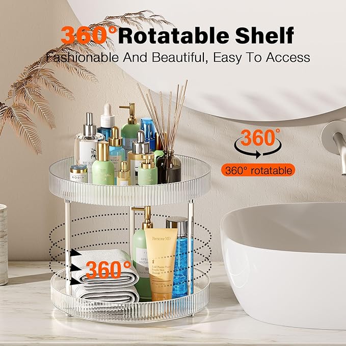 360° Clear Rotating Storage Tray, 2 Tier Lazy Susan Bathroom Countertop Organizer, Cosmetics and Perfume Organizer, Spinning Storage Tray Vanity Organizer Shelf for Bathroom Cabinet, Kitchen(Medium)