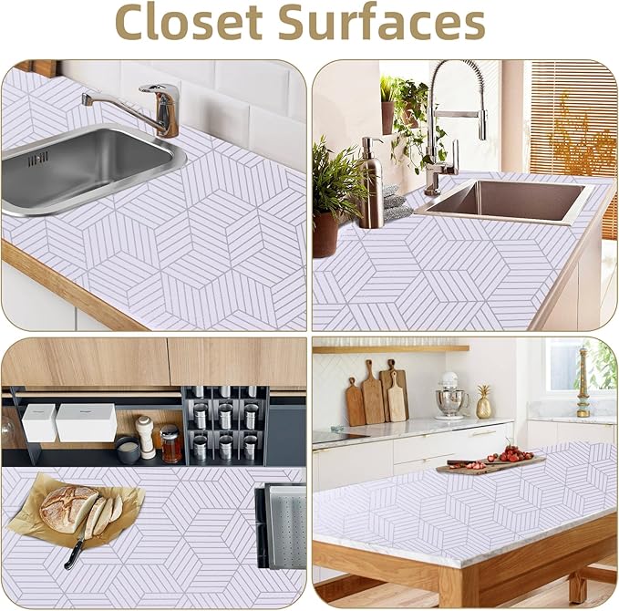 Shelf Liners for Kitchen Cabinets 17in x 20FT, Non Adhesive Cabinet Liner Strong Non-Slip Thickened Silver Geometric Easy to Clean for Shelf, Cabinet, Refrigerator with Knife and Tape Measure