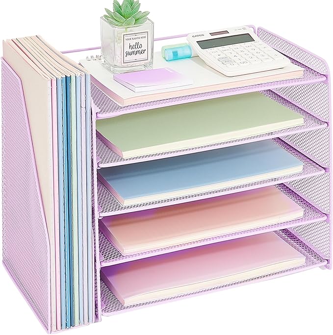 OPNICE 5-Tier Paper Organizer with Magazine Holder, Desk Organizers and Accessories, Office Desk Accessories & Workspace Organizers, Desktop File Organizer for Office Supplies Storage, Purple