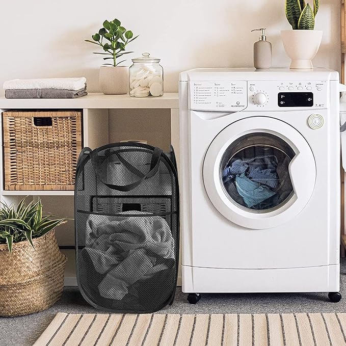 Larpur 3 Pack Pop Up Laundry Hampers, Collapsible Mesh Laundry Baskets, Portable Foldable Clothes Hampers for Dorm, Home, Bedroom, Bathroom, RV Cruise, Black