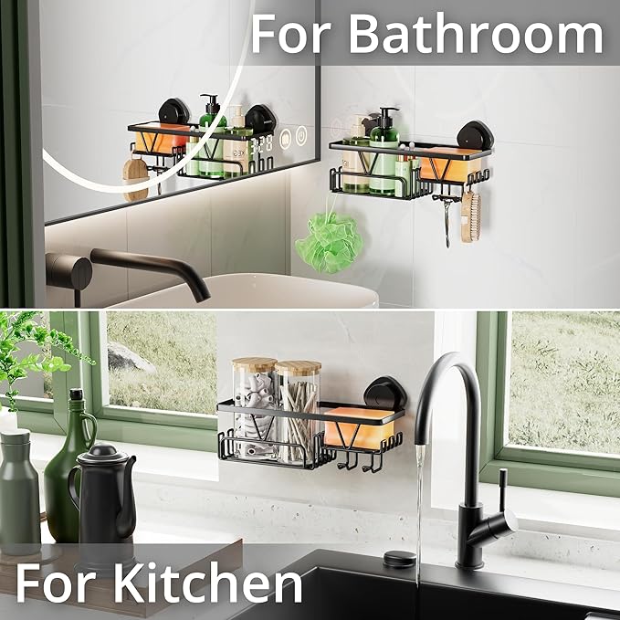 KEGII Shower Caddy Suction Cup with Soap Holder and Hooks, Removable Suction Bathroom Organizer Shelf, No Drilling Shower Organizer, Stainless Steel Shampoo Holder for Bathroom Storage, Black