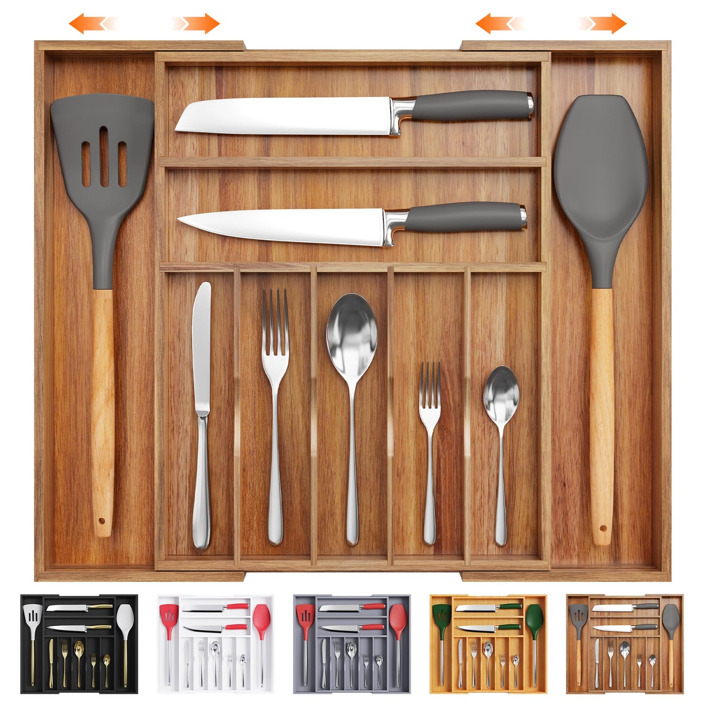 Bellsal Large Premium Acacia Wood Silverware Organizer - Expandable Utensil Drawer Organizer - 17"x19.6" Utensil Holder and Cutlery Tray with Grooved for Kitchen Flatware Utensils(7-9 Slot, Acacia)