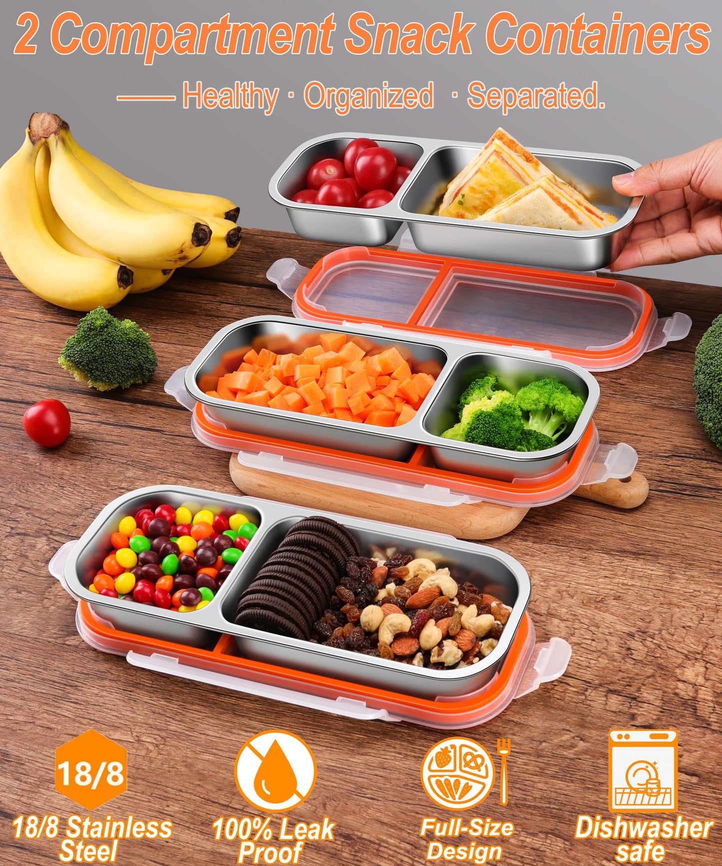 3-Pack Stainless Steel Snack & Lunch Containers for Kids & Adults, 21 oz