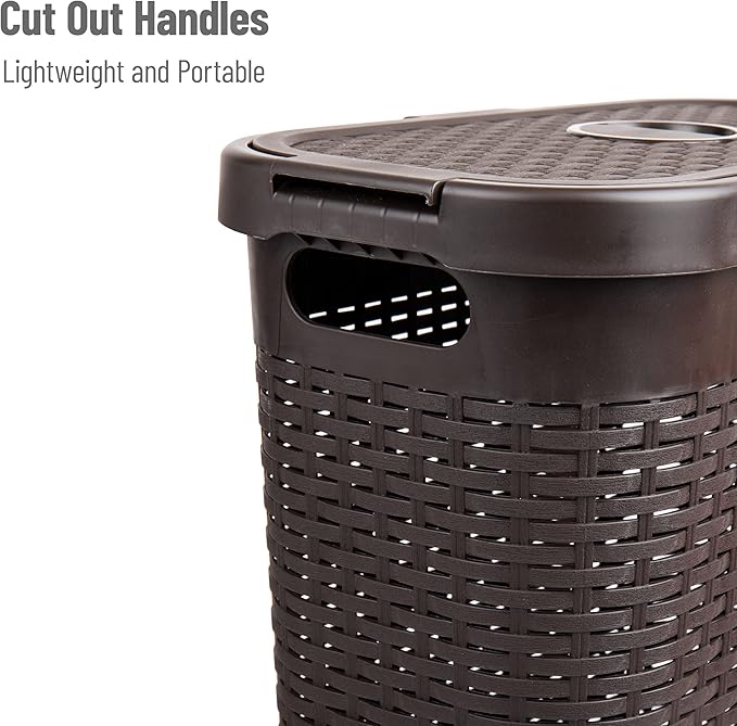 Mind Reader Slim Laundry Hamper with Lid, 40L Clothes Basket, Premium Wicker Design, Plastic, Brown