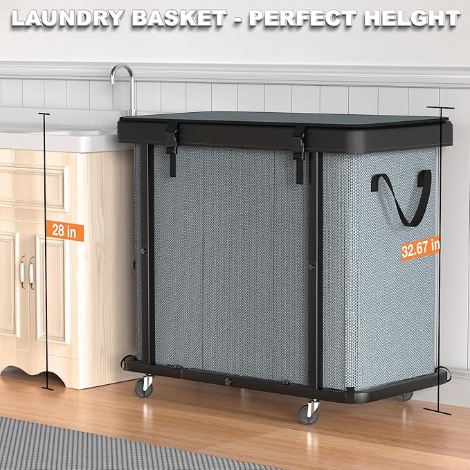 230L (60 Gal) Large Fashion Laundry Basket with Wheels, Leather Patchwork Laundry Sorter 3 Section, Sturdy Metal Frame, Removable Washable Bag, Tall Clothes Sorter for Bedroom - Gray