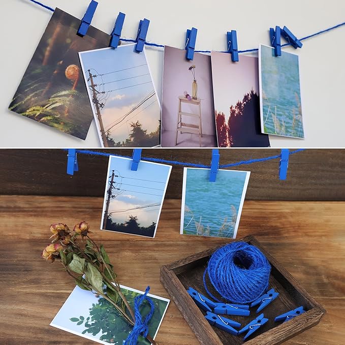 HSTECH 100 Pcs Blue Mini Natural Wooden Clothespins and 82 Ft Jute Twine, Baby Clothes Pins, 1.38in Craft Photo Clips for Home School Arts Crafts Decor, DIY Decoration's, Arts and Crafts, Weddings