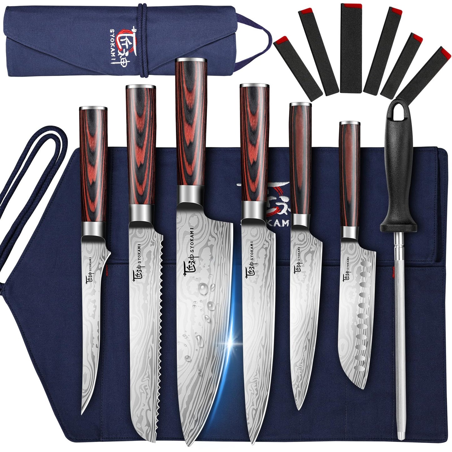 14pcs Chef Knife Set with Roll Bag, Professional Stainless Steel Japanese Knife Set with Pakkawood Handle for Professional Chef, Camping, Travel, BBQ, RV or Gift Beige