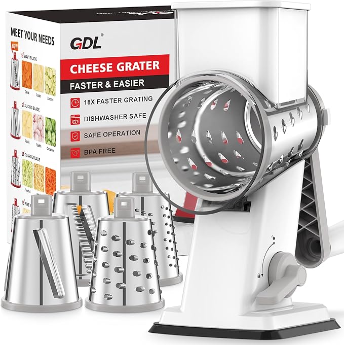 GDL Upgraded Cheese Grater Shredder Hand Crank, Vegetable Slicer, 4 Blades