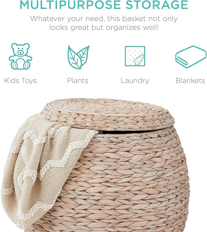 Best Choice Products Multipurpose Hyacinth Storage Basket, Plant Décor, Handwoven Organizer Tote for Bedroom, Living Room, Nursery, w/Lid - Whitewash