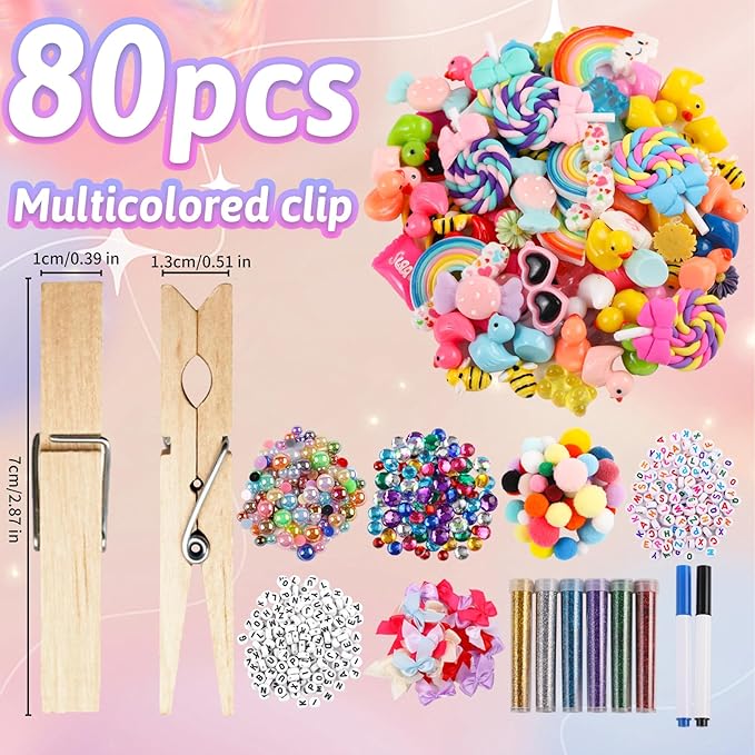 80 Set Cheer Pins Spirit Clips Clothes Wooden Pins for Backpacks Include 90 Mini Resin Animals 30 Mini Bows 500 Beads Cheer Clothespins Decorations Ribbon Team Classroom Cheer Gifts Bulk（Natural）