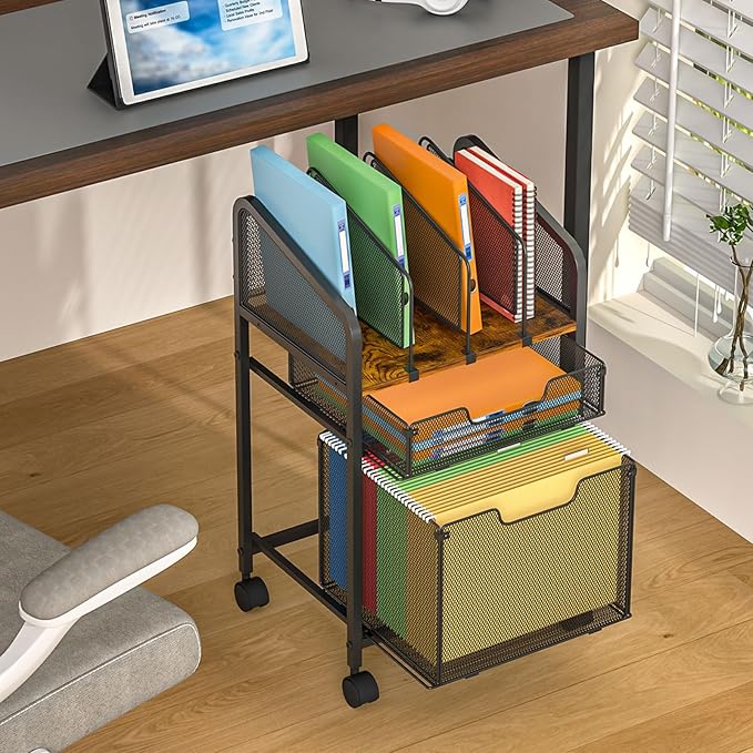 Rolling File Cabinet with Adjustable Dividers, Mobile Filing Cabinet with 2 Storage Drawers on Lockable Wheels, Hanging File Organizer Beside Under Desk for Office, Home（Patent Pending）