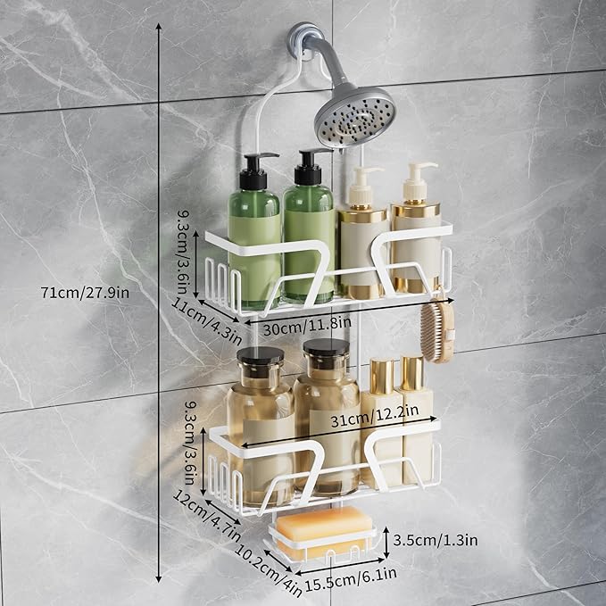 White Shower Organizer Hanging - 2 Over The Shower Head Caddies + Soap Dish, Stainless Steel Rust-Free Bath Organizer
