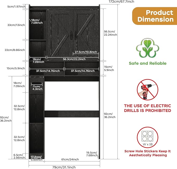 Over The Toilet Storage Cabinet, 31.1”W Bathroom Organizer with Double Doors, Above Toilet Rack, Detachable Toilet Paper Holder for Bathroom & Laundry Room Black