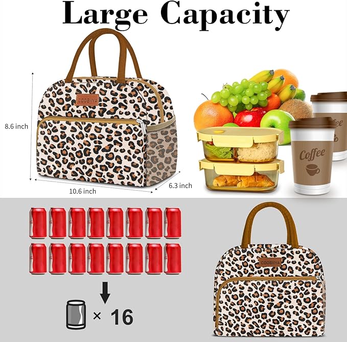 Coobiiya Lunch Box Lunch Bag for Women Adults Men, Reusable Cute Lunch bag - Leakproof, Insulated Lunch Box Tote with Large Capacity, Cooler Container for Work/Travel/Office (leopard)