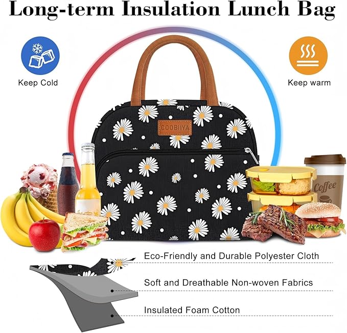 Coobiiya Lunch Bag Lunch Box for Women Men, Reusable Cute Lunchbag - Leakproof, Adult Insulated Lunch Box Tote with Large Capacity, Cooler Container for Work, Travel, Office (Black Daisy)