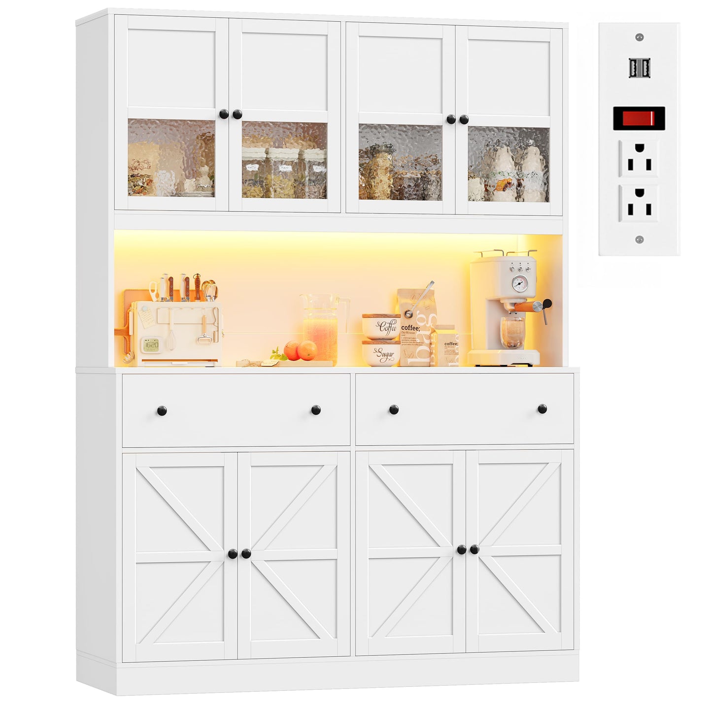 FINETONES 71" Pantry Cabinet with LED Light and Charging Station