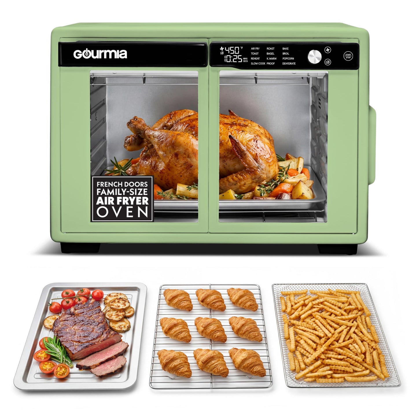 Gourmia French Door Air Fryer Oven - 37 Qt Large Capacity Convection Toaster Oven, FryForce 360°, Digital Display, 12 Cooking Presets, Dehydrate, Fits 13” Pizza, Dishwasher-Safe, Peach