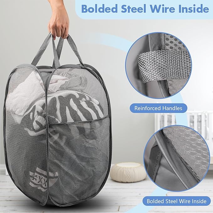 Pop Up Hamper, 2 PCS Mesh Pop Up Laundry Hamper, Foldable Mesh Laundry Basket with Space Saving Design for Home, Dorm, Travel and Storage, Gray