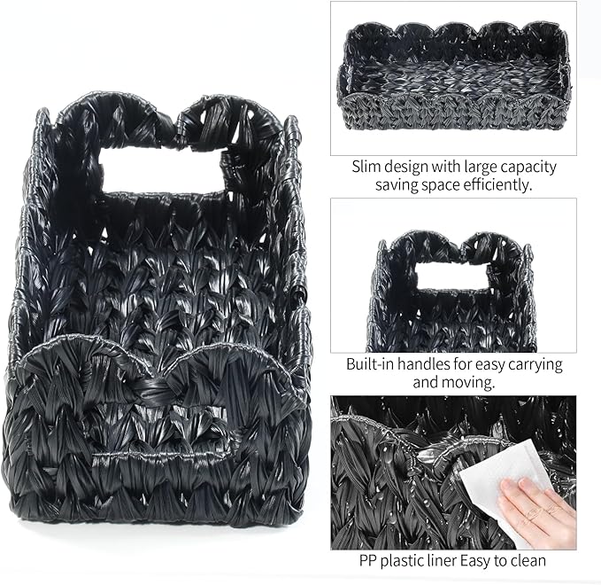 Black Toilet Basket,Scalloped Wicker Basket for Toilet Paper Storage,Small Slim Storage Baskets for Shelf,Bedroom,Living Room,Rectangle