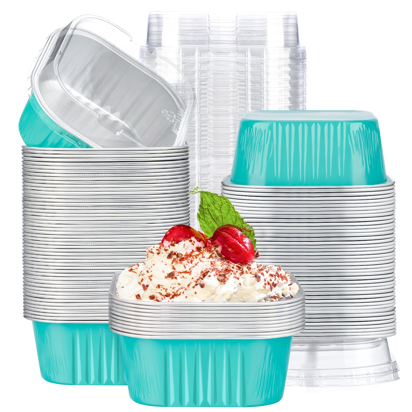 EUSOAR Creme Brulee Ramekins Disposable, 50pcs 10oz Cupcake Liners Foil Baking Cups with Lids, Aluminum Muffin Cups Square Dessert Wrappers Mini Cake Loaf Bread Pans for Wedding Birthday Party