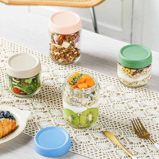 DRKIO 10 & 16 Oz Overnight Oats Containers with Lids - 6 Pack Glass Storage Jars with Airtight Lids Wide Mouth Mason Food Jars Great for Meal Prep Salad Chia Puddirg Snacks Yogurt Sugar Spice Cereal