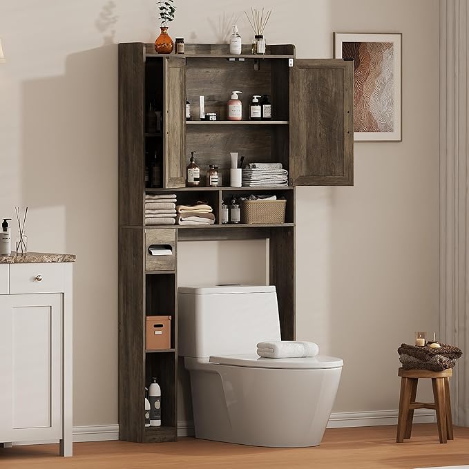 Over The Toilet Storage Cabinet, 31.1”W Bathroom Organizer with Double Doors, Above Toilet Rack, Detachable Toilet Paper Holder for Bathroom & Laundry Room Grey