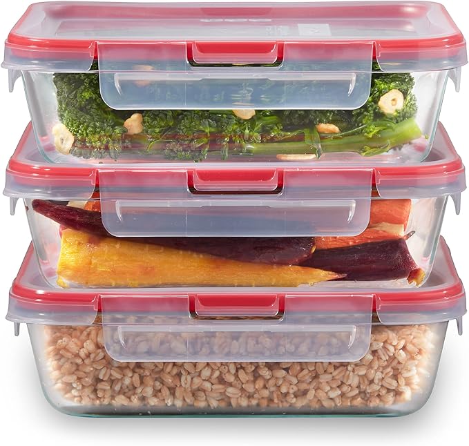 Pyrex Freshlock (3-Pack, 6 Cup) Glass Food Storage Containers Set, Airtight & Leakproof Plastic Locking Lids BPA-Free, Meal Prep Containers Set, Freezer Dishwasher Microwave Safe