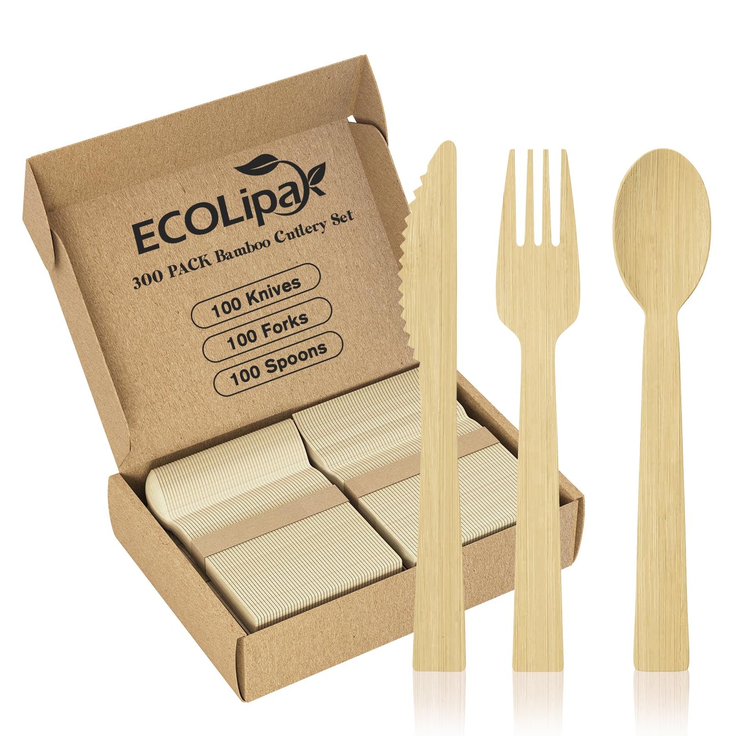 ECOLipak 300 Count Bamboo Cutlery Set, 100 Knives, Forks and Spoons each